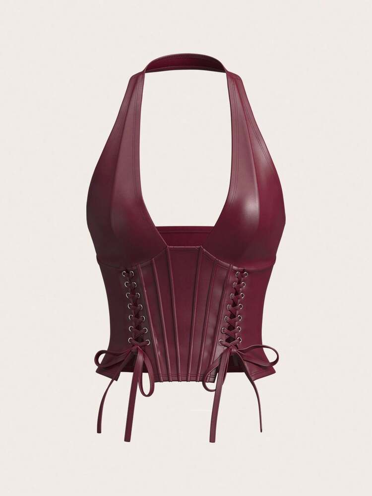SHEIN X YERIMUA SHEIN ICON Parte superior sin hombros de cuello en V de color borgoña con decoración de ojetes y nudo para salir, de color liso y estilo casual de mujer, de PU - Burdeos - Añade 10