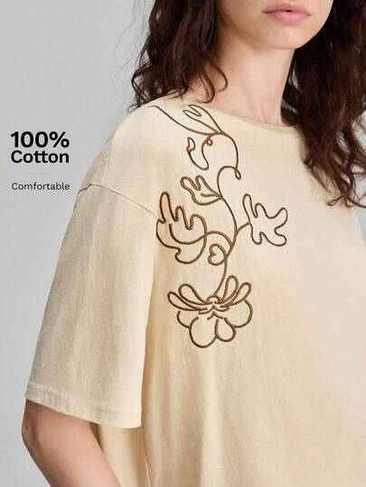 Ontre Camiseta de manga corta de cuello redondo con ajuste relajado y cómoda, con decoración de bordado floral abstracto, de estilo urbano casual minimalista y versátil unisex, de alta calidad y elegancia discreta para el trabajo