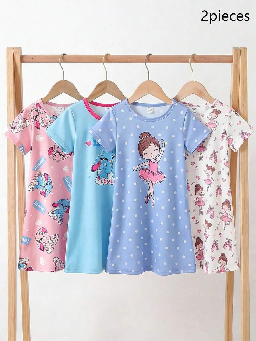 Genkimix Kids 2件套 女童简约可爱卡通兔子印花短袖长款睡衣套装,粉色和蓝色 - 彩色 - 查看 1