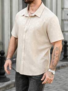 EGENSIO Men Plus Size Single-Breasted Casual Floral Short Sleeve Formal Shirt, Ceremony - Apricot - View 3