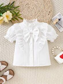 SHEIN Elladie kids 女童白色休閒襯衫，蕾絲領，蝴蝶結裝飾，鏤空花卉荷葉邊飾，泡泡短袖，前開鈕扣，白色上衣，秋季假期款 - 白色 - 查看 5