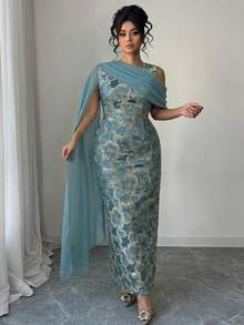 Elenzga Đầm maxi nữ bán chạy nhất, chất liệu vải jacquard vàng có họa tiết, kiểu dáng thanh lịch với khăn choàng chiffon, phù hợp cho các bữa tiệc, hẹn hò, mua sắm và nhiều dịp khác trong mùa xuân/hè. - Màu xanh lam - Xem 8