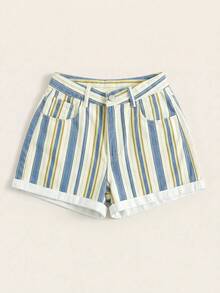 Summer Rolled-Up High-Waisted Denim Shorts - 棕色 - 查看 3