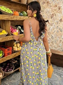 Breezaya Plus Size Women's Casual Vacation Dress With Ruffled Backless, Striped Lemon Print, A-Line, Spring/Summer - Multicolor - View 4