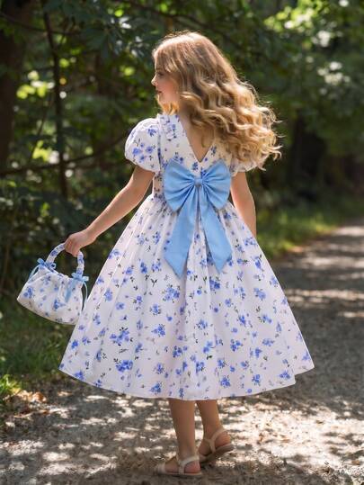 Tween Girls' Sweet & Cute Island Vacation Floral Print Petal Sleeve Dress With Big Bow Decor And Waist Cinching