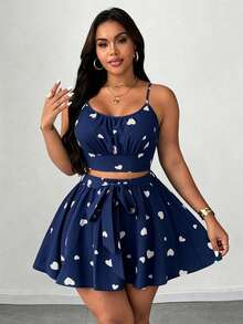 SHEIN Unity Bộ đồ hai mảnh đa năng dành cho nữ cỡ lớn, gồm áo hai dây in hình trái tim thanh lịch, hở lưng, thắt eo kiểu cánh bướm, dáng chữ A, phù hợp cho đi biển, dự tiệc, lễ hội âm nhạc, mùa xuân/hè. - Xanh và trắng - Xem 5