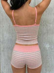 SHEIN EZwear 女士夏季休闲条纹吊带背心和短裤两件套 - 粉色 - 查看 2