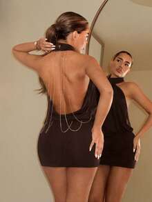 SHEIN ICON High Neck Backless Ruched Bodycon Mini Dress,Dresses For Women Summer - Coffee Brown - View 1