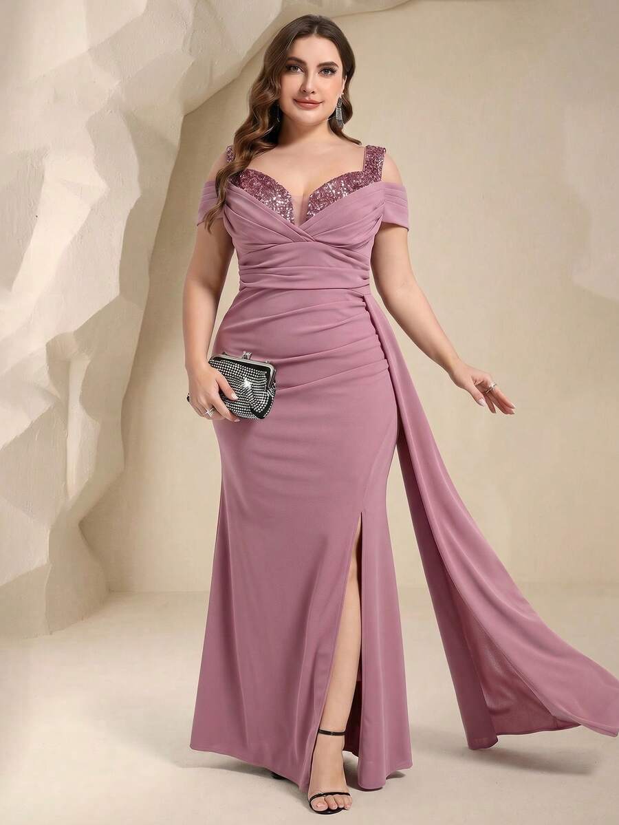 Coutiva Plus Size Solid Color Sequin Patchwork High Slit Formal Evening Gown - Pink - View 1