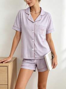 Bộ đồ ngủ cho bé gái, gồm áo cardigan tay ngắn và quần short, kiểu dáng ngọt ngào, dễ thương, thanh lịch, thoải mái, mềm mại, thoáng khí, họa tiết hoạt hình sọc trái tim thêu, chất liệu vải dệt kim, 2 món. - Nhiều màu - Xem 4