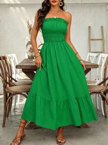 EMERY ROSE Vestido Longo Casual Feminino Sem Alças para Férias de Verão com Decoração Simples de Babados - Verde - Visão 4