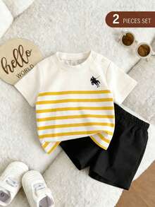 2pcs/Set Newborn Striped Short Sleeve T-Shirt + Shorts - Multicolor - View 2