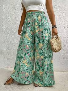 EMERY ROSE Pantalones rectos y sueltos con cintura de bolsa de papel con estampado floral pequeño, talla grande, para verano - Verde - Ver 3