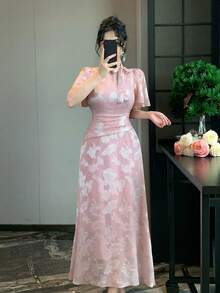 DAZY Textured Elegant Waist-Cinched Casual Long Dress For Women, Spring Summer Party Dusty Pink Sundress - Pink - View 7