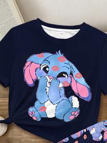 Niedliches Pyjama-Set für Tween-Mädchen mit rosa Herz-Lippen-Muster, Cartoon-Blau-Kaninchen Lulu, Weihnachten, Stich-Schleife-Muster, Herbst, runder Ausschnitt, kurze Ärmel, Shorts, geeignet für Sommer und Herbst - Verschiedenfarbig - Übersicht 4
