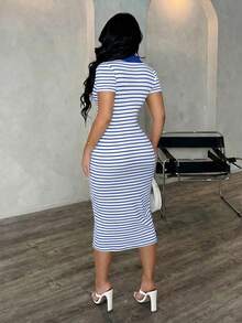 SHEIN SXY 女士休闲简约条纹Polo衫连衣裙，针织弹力修身中长连衣裙，法式优雅连衣裙 - 藍白色 - 查看 2