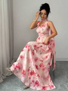 Selianne Women's Summer Elegant Floral Print V-Neck Sleeveless Waist Cinched Chiffon Maxi Dress Weddings Vacation Workplace Romantic Occasions Blush Pink - Apricot - View 5