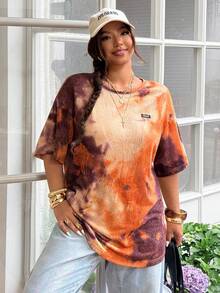 SHEIN EZwear 大码女式扎染印花圆领短袖休闲T恤 - 黑與白 - 查看 6