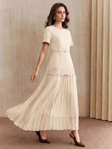 Anewsta New Elegant Round Neck Short Sleeve Dress With Ruffle Hem Design, Beige Color, Comes With A Matching Belt Tea Party Summer - Apricot - View 3