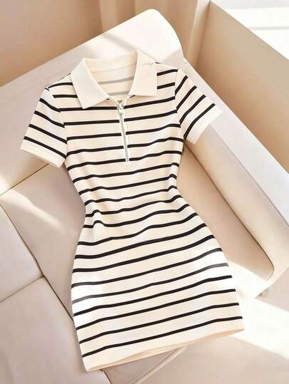 Everyssa 女士 Polo 领拉链 T 恤连衣裙，复古条纹连衣裙，夏季连衣裙，条纹休闲户外运动优雅百搭短款连衣裙，适合邮轮、节日、海滩度假、音乐节、波西米亚风假期、返校季、复活节、婚礼、教师节、母亲节、四季皆宜、时尚沙滩装、哈瓦那之夜、海滩晚餐装扮