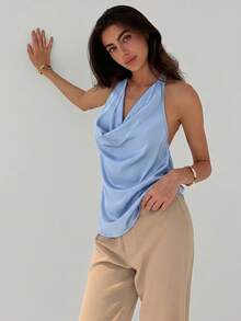 Aloruh Atasan Cami Bodycon Minimalis Model Halter Chic dengan Leher V Dalam untuk Wanita, Atasan Musim Panas - Baby Blue - View 3