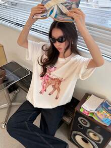 DAZY 女款圓領卡通3D花卉裝飾短袖T恤，春/夏 - 白色 - 查看 2