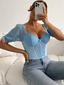 Myrelith 1pc Romantic Polka Dot Puff Sleeve Underwire Bustier Top - Blue - View 5