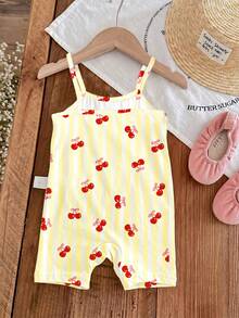 [Random 6pcs,Send 1pc] Baby Girl Cute Summer Strap Romper,Multicolor Cherry Floral Heart Striped Print Pattern,Kawaii Korean Style Family Matching - Multicolor - View 4