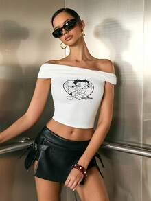 Betty Boop x SHEIN T-shirt à épaules dénudées imprimé de dessins animés pour femmes - Blanc - Voir 7