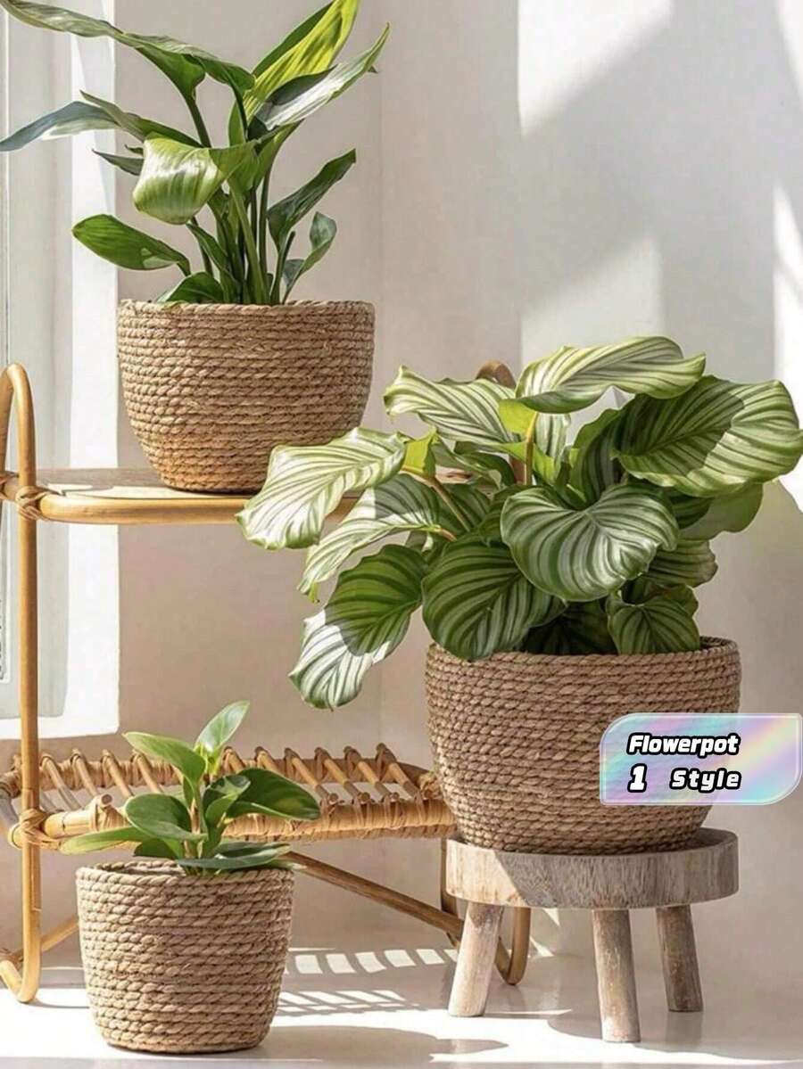 3PCS Straw Pot, Minmalist Soiid Coior Plant Container For Home - brown - View 1