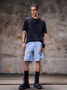 Skyrend 男士寬鬆棉質梯形破洞牛仔短褲 Jorts 工作休閒都市度假街頭風 - 淺色水洗藍 - 查看 3
