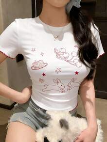 Tideelle Dog Tooth Design Cute Round Neck Short Sleeve T-Shirt - White - View 2