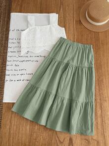 Emery Rose Kids Emery Rose Kids 2件套少女纯色梭织方领荷叶边休闲吊带背心和长裤套装 - 綠色 - 查看 2