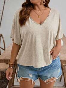 SHEIN Frenchy Plus Size Casual Lace Patchwork Twist Hollow Batwing Sleeve T-Shirt - Apricot - View 2