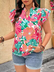 Breezaya Blusa con cuello en V, mangas con volantes y estampado floral para mujer talla grande - Multicolor - Ver 4