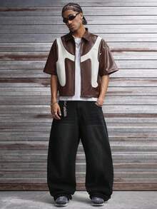 AXEPEAK Men's Fashionable Contrast Color Zip-Up Short Sleeve Shirt, Summer - Coffee Brown - View 4