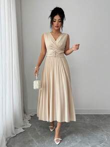 Elenzga Đầm xếp ly không tay cổ chữ V thanh lịch lãng mạn dành cho nữ - Màu be - Xem 6