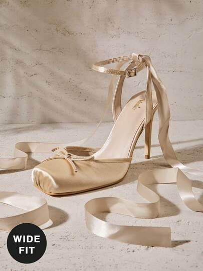 SHUZIA Women's Wide-Fit Elegant Bow Knot Ankle Ribbon Wrap Decor High Heel Pumps