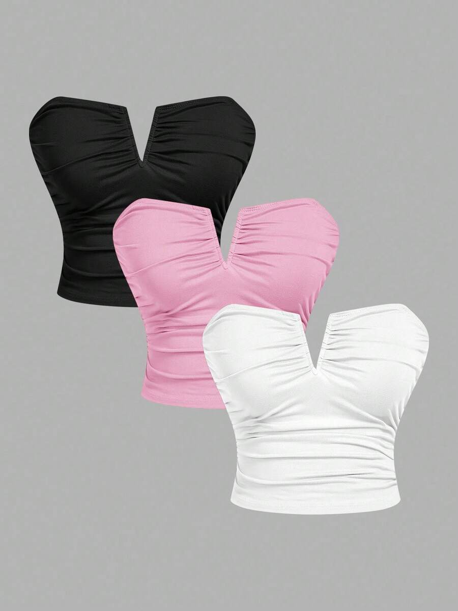 SHEIN MOD Plus Size 3pcs/Set Women's Black Pink All White Deep V Neck Ruched Camisole Top Gym Party Tea Party Going Out Date Night Concert Summer Sexy - Multicolor - View 1