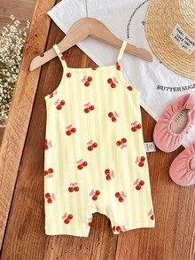 [Random 6pcs,Send 1pc] Baby Girl Cute Summer Strap Romper,Multicolor Cherry Floral Heart Striped Print Pattern,Kawaii Korean Style Family Matching - Multicolor - View 5