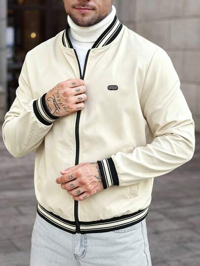 Manfinity CasualCool Men's Striped Long Sleeve Zip-Up Casual Baseball Jacket