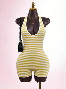 SaltGleam SaltGleam Bộ jumpsuit nữ dáng ôm kẻ sọc buộc dây kiểu dáng thường ngày - Màu vàng - Xem 1