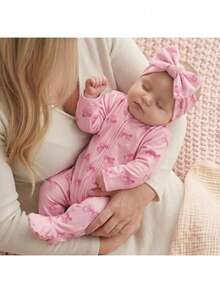 SHEIN Newborn Baby Comfortable Soft Floral Print Trim Zipper Front Footed Pajamas(3 Sets, Get1 Set Random) - Mauve Purple - View 3