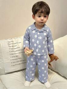 Dazy Kids 2件套幼儿男童条纹爱心印花长袖衬衫和休闲裤家居服套装，春秋季 - 藍白色 - 查看 4