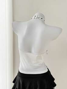 Elamini Women's Polka Dot Ruched Halter Neck Versatile Casual Top - White - View 2