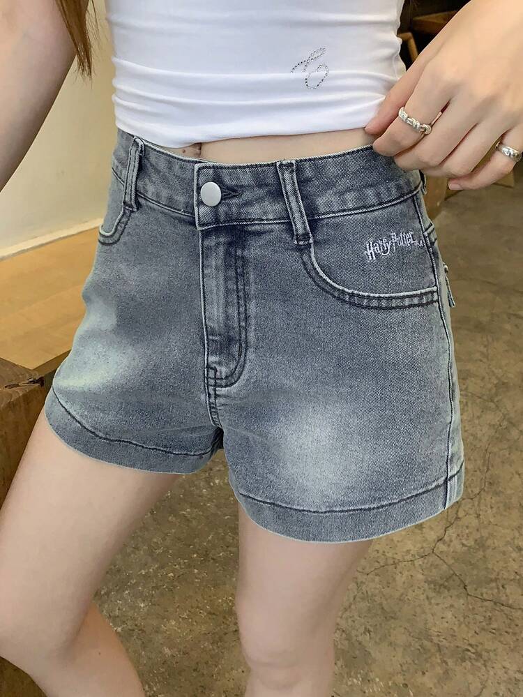 Women's Casual Everyday Denim Shorts With Pockets, Button And Letter Embroidery Design