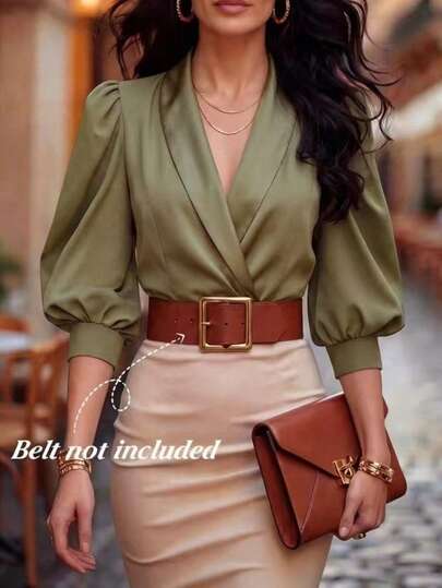 Balvessa Fashionable Elegant Solid Color V-Neck Loose 3/4 Sleeve Blouse For Women