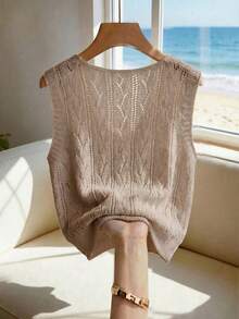 SHEIN Holidaya Áo hè mới, Áo vest dệt kim màu trắng ngà cho nữ - Cổ chữ V không tay, họa tiết lá cây, cài nút phía trước, viền gấu bo gân, vẻ duyên dáng nữ tính tinh tế và phong cách giản dị cổ điển. - Màu nâu  Mocha - Xem 2