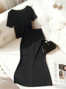 SHEIN Franclia 夏季户外通勤旅行度假时尚优雅休闲女式短袖V领上衣和修身开衩裙两件套 - 彩色 - 查看 2