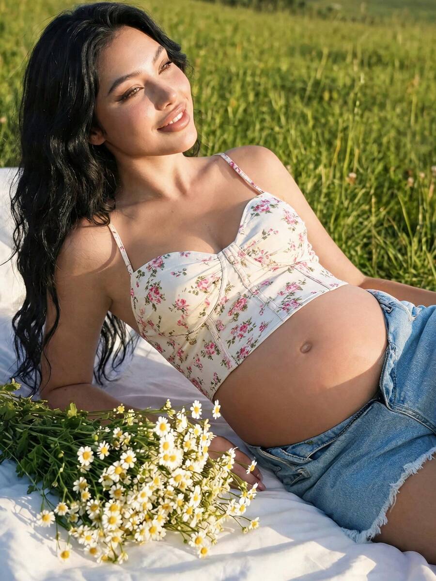 SHEIN قميص كروب مطوي بطبعة زهرية للحوامل للعطلات